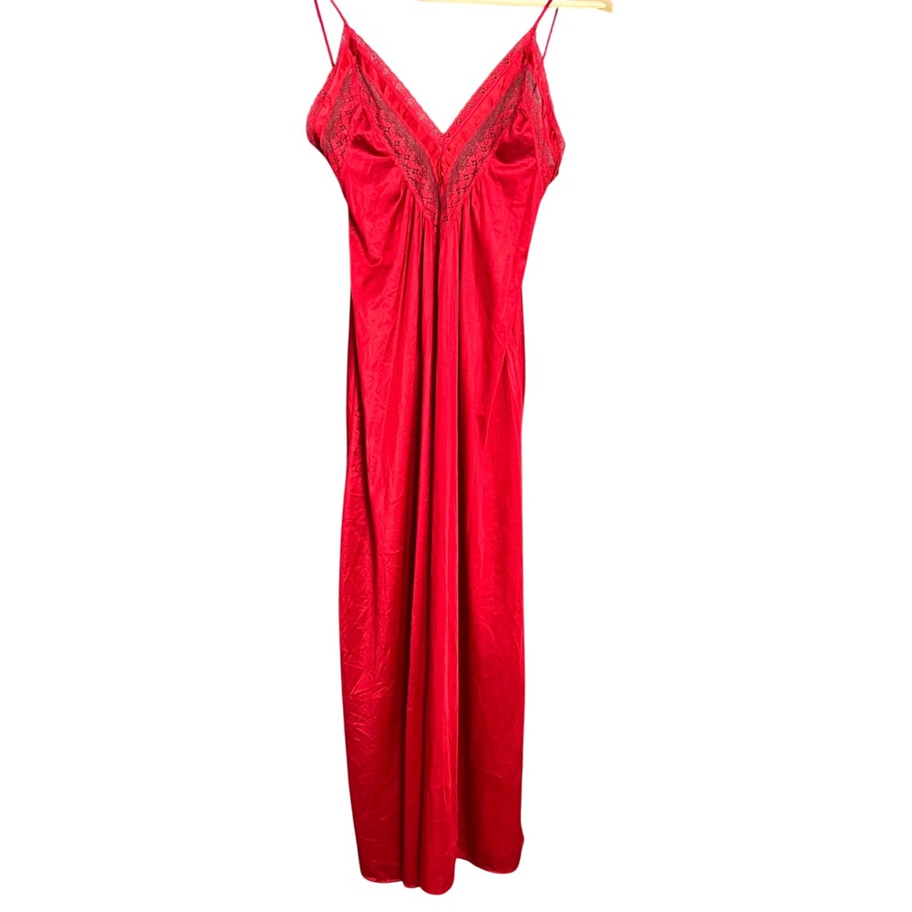 Vintage 1960 Red Satin Lace Trim Maxi Nightgown Spaghetti Strap Slip Dress Slit
